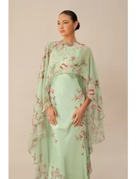 Classic Moment Mint Green Floral Print Maxi Dress With Cape - 12