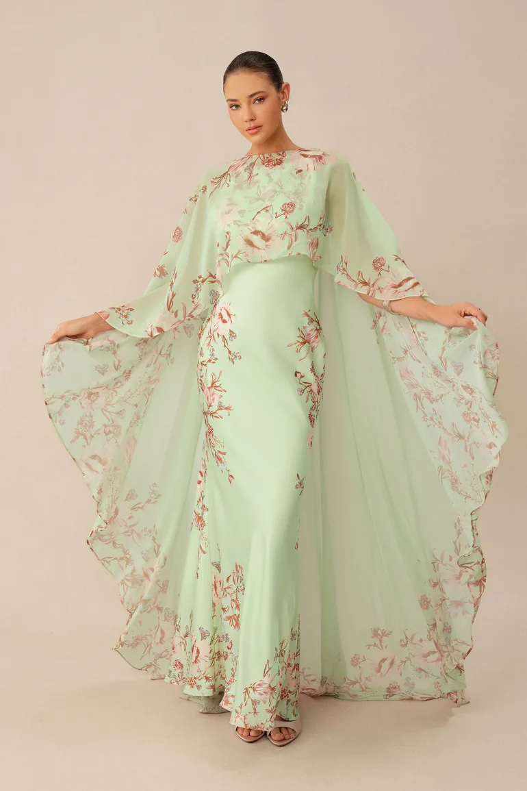 Classic Moment Mint Green Floral Print Maxi Dress With Cape - 3