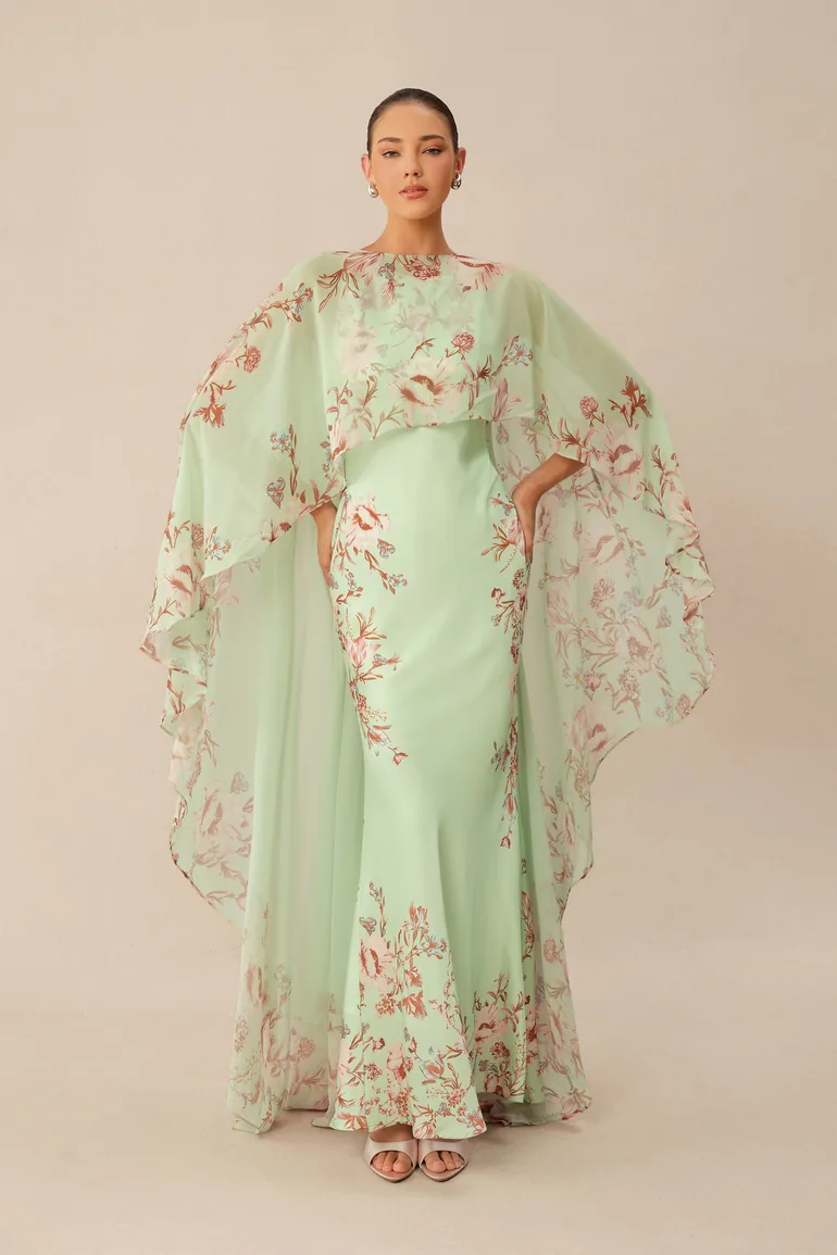 Classic Moment Mint Green Floral Print Maxi Dress With Cape