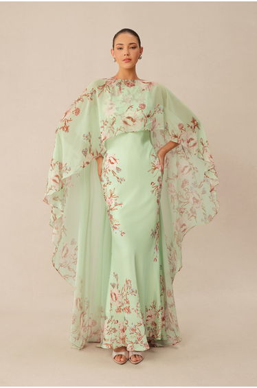 Classic Moment Mint Green Floral Print Maxi Dress With Cape