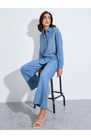 Blue Relaxed Shirt and Straight Leg Pants Modest Set
