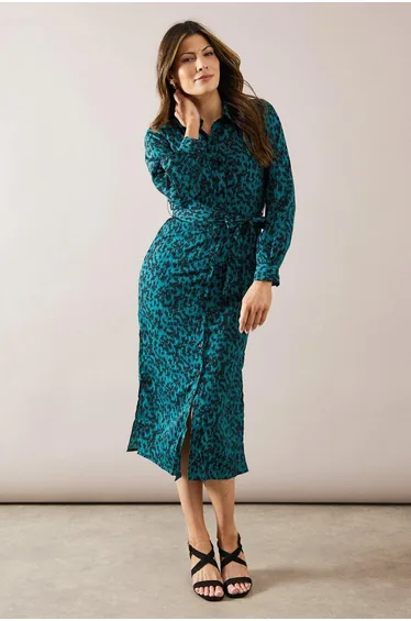 Leopard Long Sleeve Belted Shirt Dress