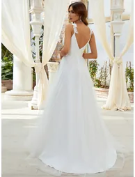 Double V Neck Lace Bodice Open Back Tulle Wedding Dress - 2