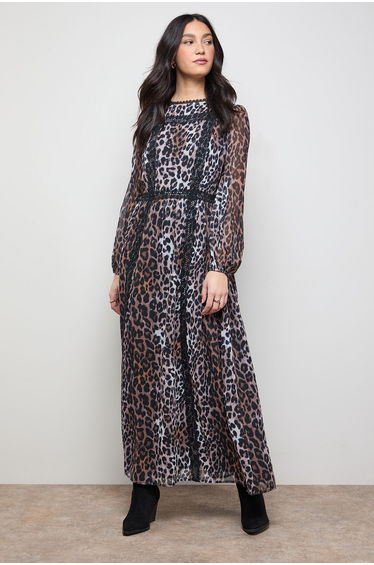 Printed Lace Trim Balloon Sleeve Midi Smock Dress