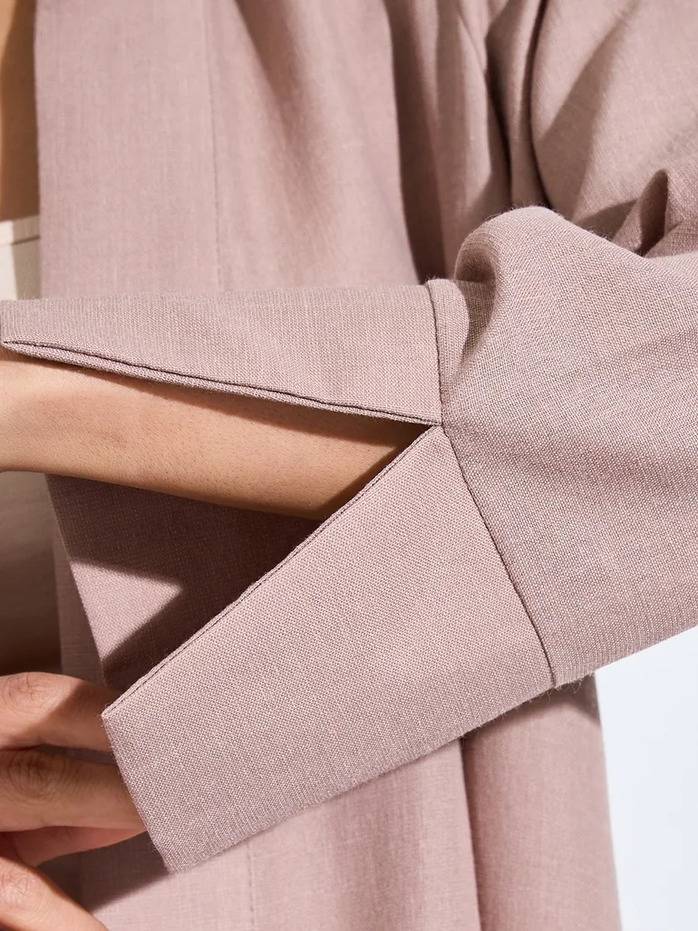 Khaki Linen Look Front Open Abaya - 3