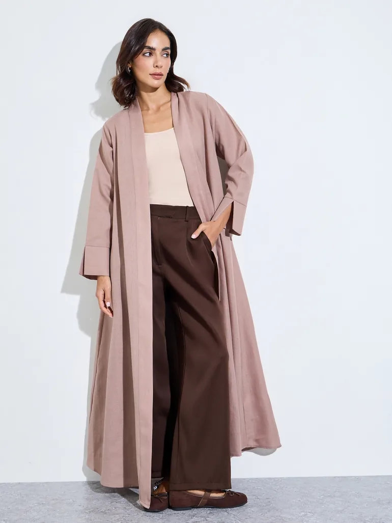 Khaki Linen Look Front Open Abaya - 2