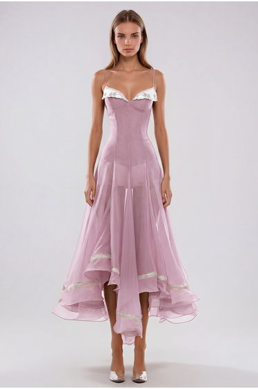 Fiacre Spaghetti Mesh Ruffle Maxi Dress In Pink
