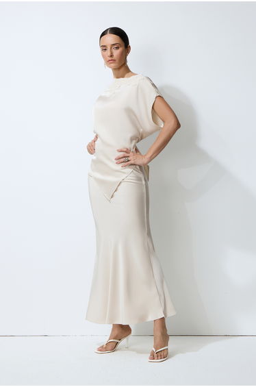 Purely Elegant Beige Lace-Trim Asymmetric Satin Top & Skirt Set