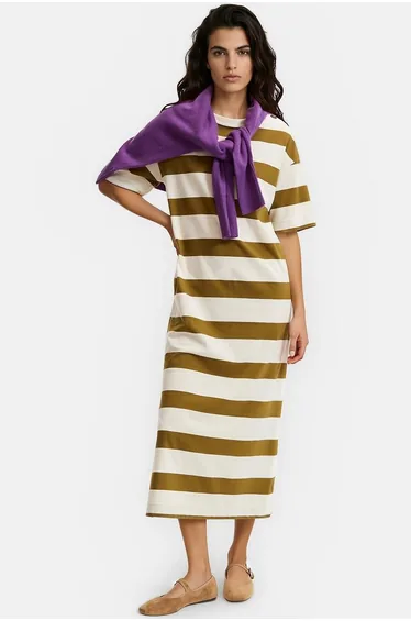 Striped Maxi Dress with Shoulder Buttons, Short Sleeves