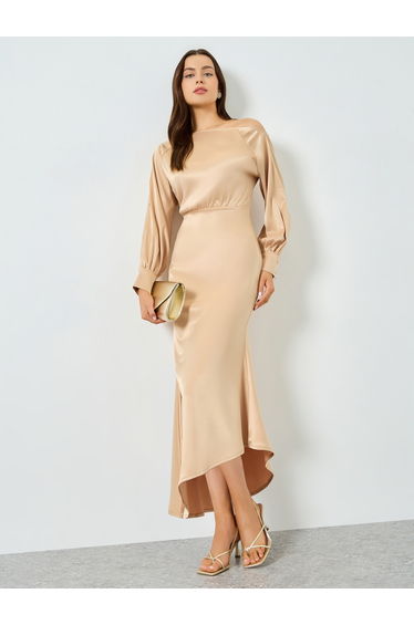Beige Satin One Shoulder Balloon Sleeve Midi Dress