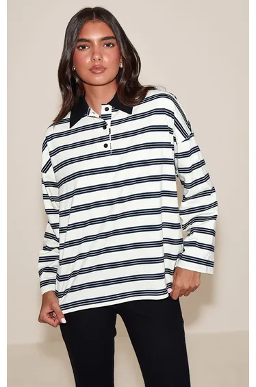 White Stripey Collar Detail Long Sleeve Rugby Top