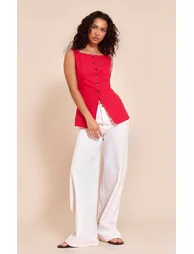 Red Square Neck Linen Look Longline Waistcoat - 2