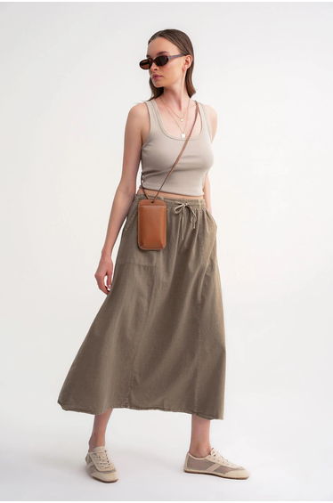 Mixray High-Waisted Poplin Skirt with Drawstring Detail