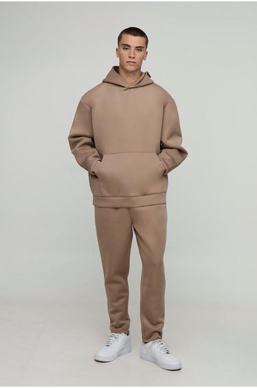 Oversized Bonded Scuba Hooded Cropped Jogger Tracksuit - taupe