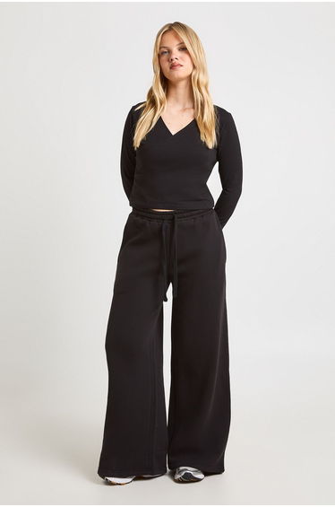 Petite Wrap Front Long Sleeve Top And Straight Leg Jogger Tracksuit - black
