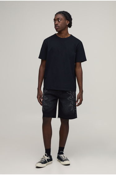 Relaxed Rhinestone Raw Edge Denim Shorts - washed black