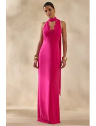 True Icon | Hot Pink Satin High-Neck Maxi Slip Dress With Sash