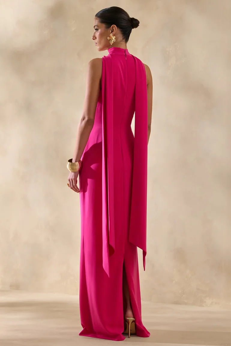 True Icon | Hot Pink Satin High-Neck Maxi Slip Dress With Sash - 2
