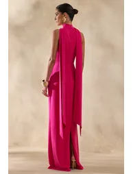 True Icon | Hot Pink Satin High-Neck Maxi Slip Dress With Sash - 2