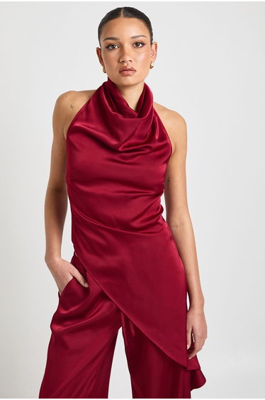 Satin Cowl Neck Asym Hem Top - dark red