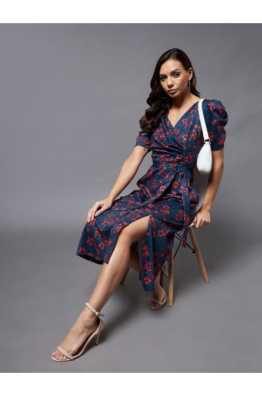 Floral Print Pocket Detail Wrap Midi Dress
