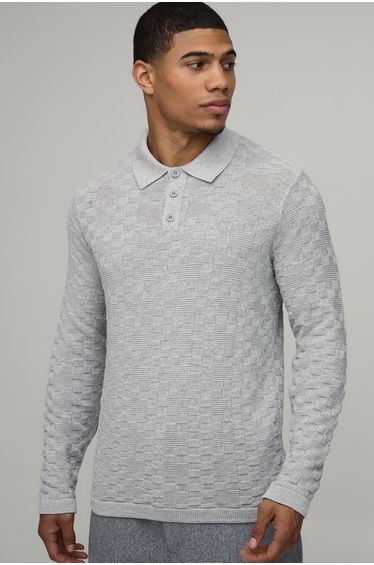 Regular Fit Long Sleeve Basket Weave Knitted Polo - grey