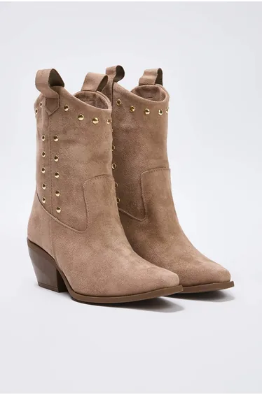 Mink suede pointed toe block heel women's boot with trok detail