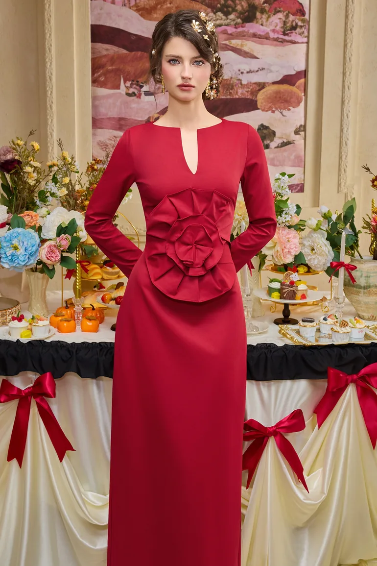 3D Flower Solid Long Sleeve Maxi Dress JardinVue Red : Evening Dresses :  VogaCloset Iraq