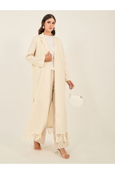 Regular Fit Collared Kimono with Fringe Trim