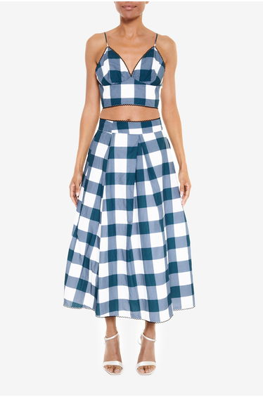 Petrol Blue Check High Waisted Midi Skirt