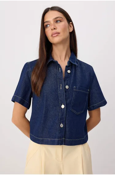Navy Blue Short Sleeve Denim Shirt