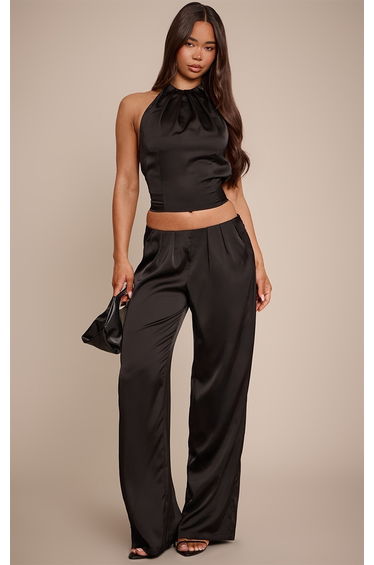 Black Satin Pleated Wide Leg Trouser