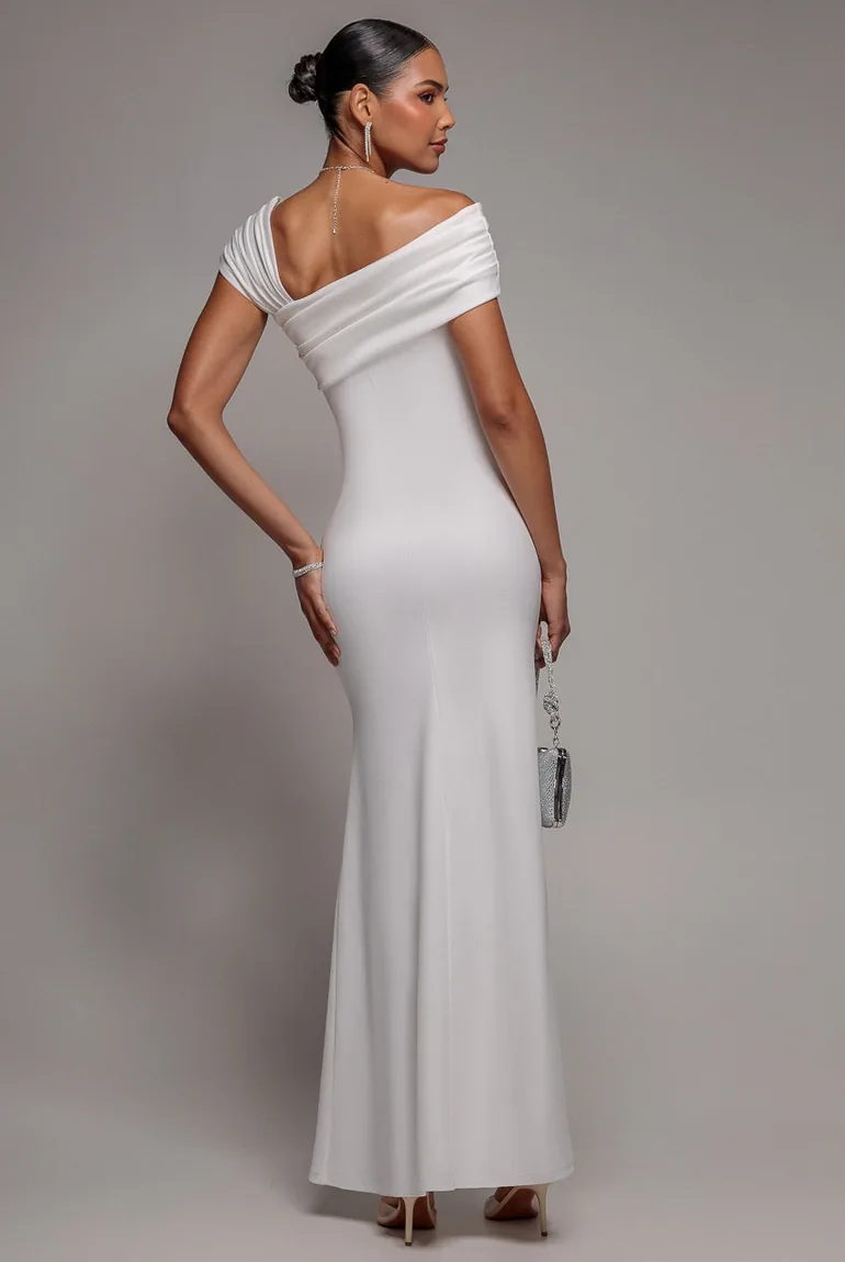 One Shoulder Asymmetric Scuba Crepe Maxi Dress - White by Goddiva - 1
