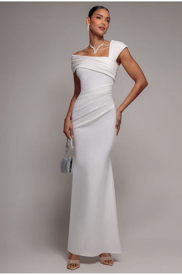One Shoulder Asymmetric Scuba Crepe Maxi Dress - White by Goddiva