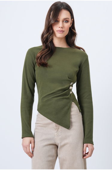 Women's Khaki Crew Neck Gold Button and Drape Detail Ottoban Blouse