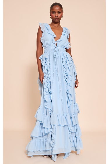 Blue Extreme Frill Detail Maxi Dress