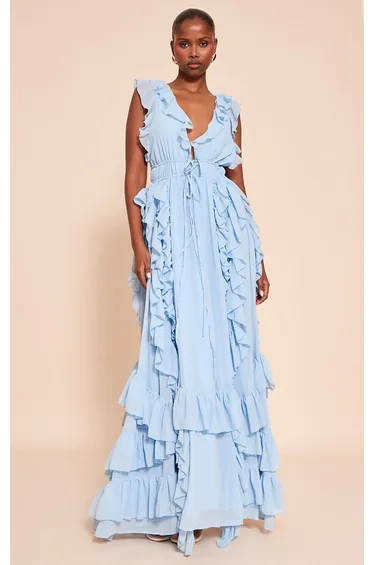 Blue Extreme Frill Detail Maxi Dress
