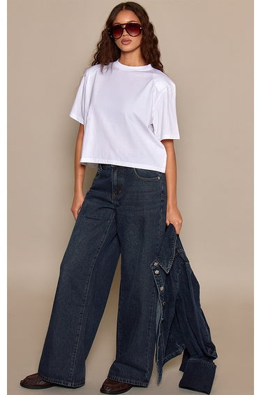 White Shoulder Detail Cropped Boxy T-Shirt