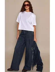 White Shoulder Detail Cropped Boxy T-Shirt - 2