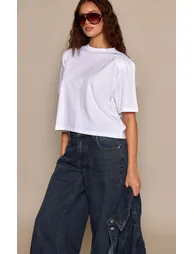 White Shoulder Detail Cropped Boxy T-Shirt
