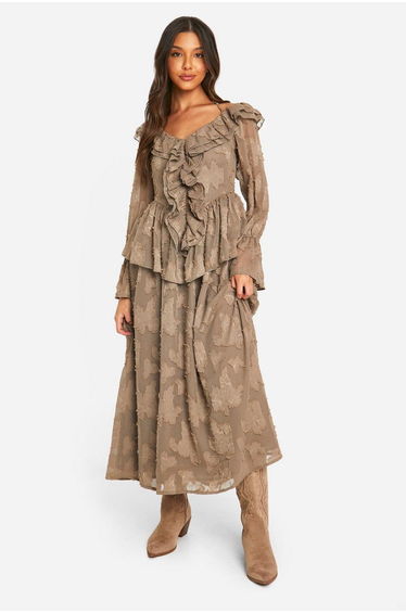 Textured Ruffle Front Midaxi Dress