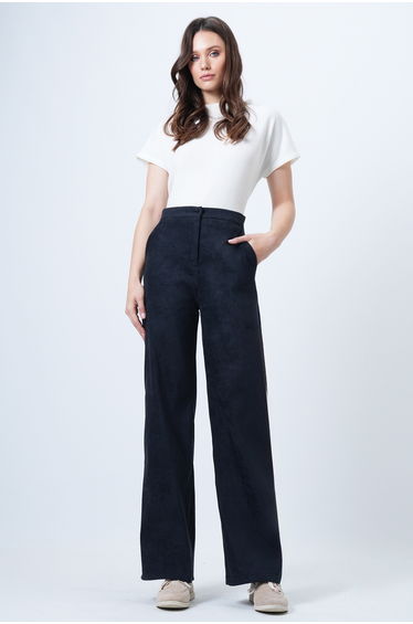 Women's Navy Blue Double Pocket Elastic Waist Faux Suede Palazzo Pants