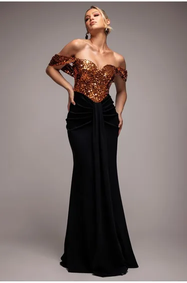 Corset Sequin Wing Bodice Scuba Skirt Maxi Dress - Bronze by Goddiva