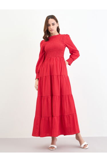 Red Long Sleeves Tiered Maxi Dress