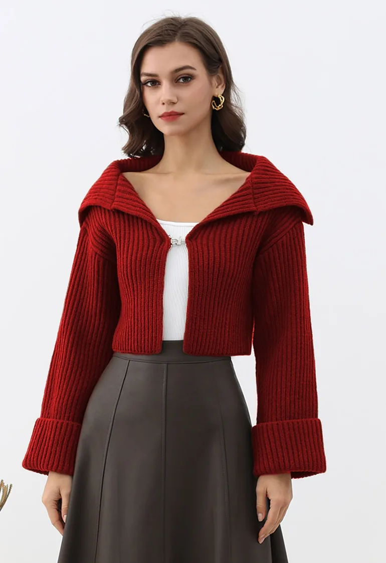 Toggle Clasp Flap Collar Rib Knit Cardigan in Red