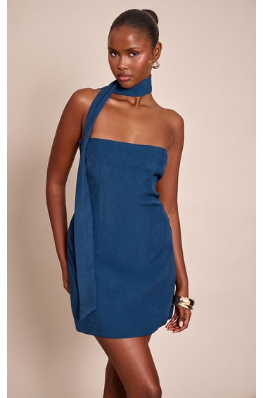 Blue Woven Scarf Detail Bandeau Shift Dress