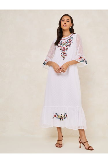 Embroidery Detail Dobby Shift Maxi Dress