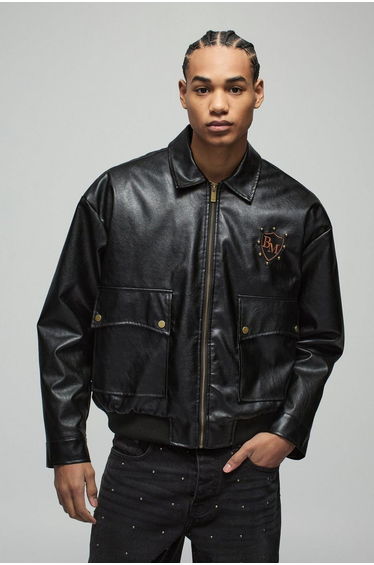 Man Oversized Boxy Fringe PU Western Bomber Jacket - black