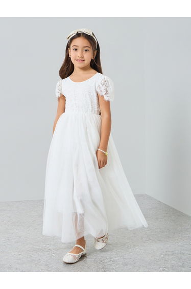 Girls White Lace Puff Sleeve Tulle Maxi Dress