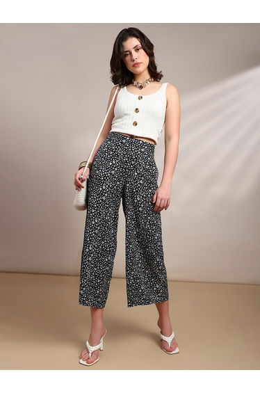 Black Spot Print Woven Rayon Pants